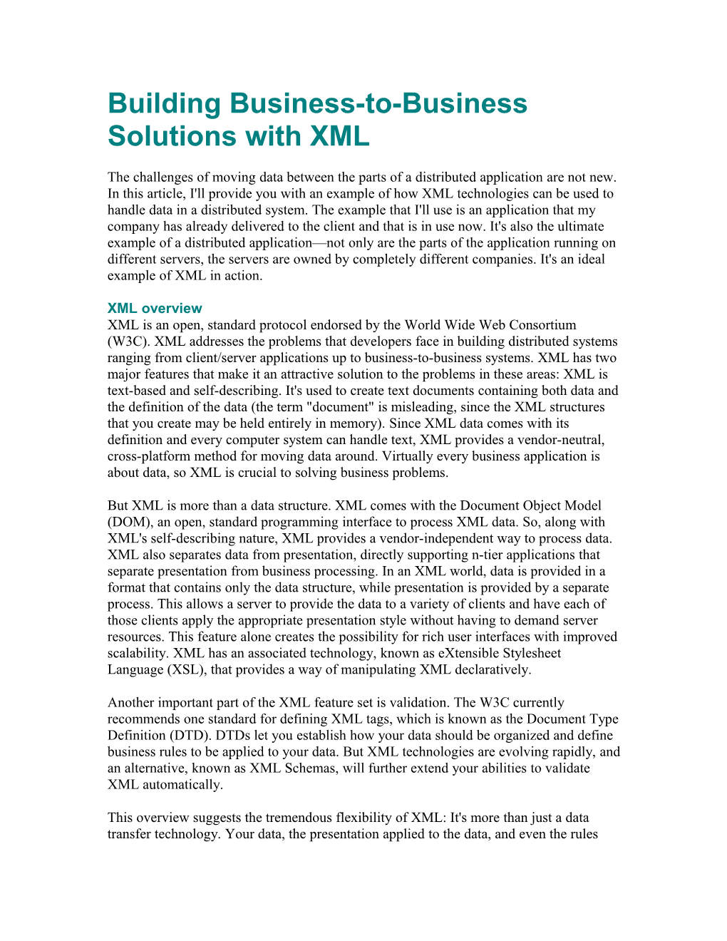 Building Business-To-Business Solutions with XML
