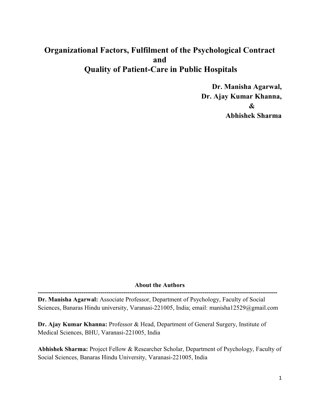 Fulfilment of the Psychological Contract for Medical Professionals: Implications for Human