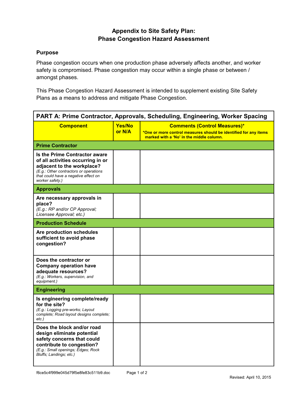 Appendix to Site Safety Plan: Phase Congestion Hazard Assessment Form