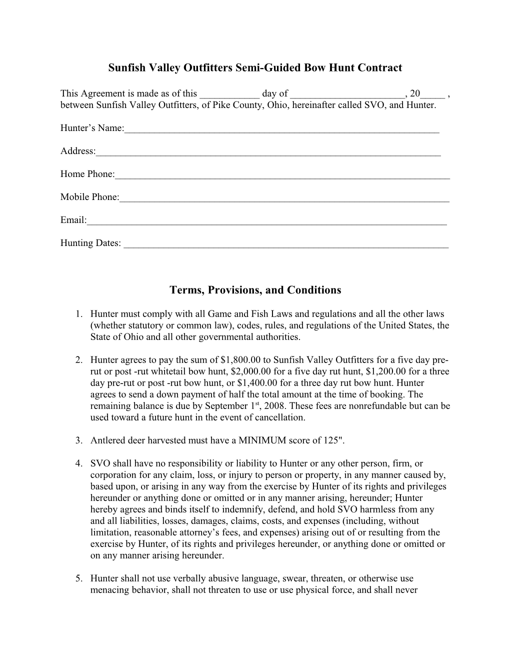 Sunfish Valley Outfitters Overflow Acre Hunt Membership Contract