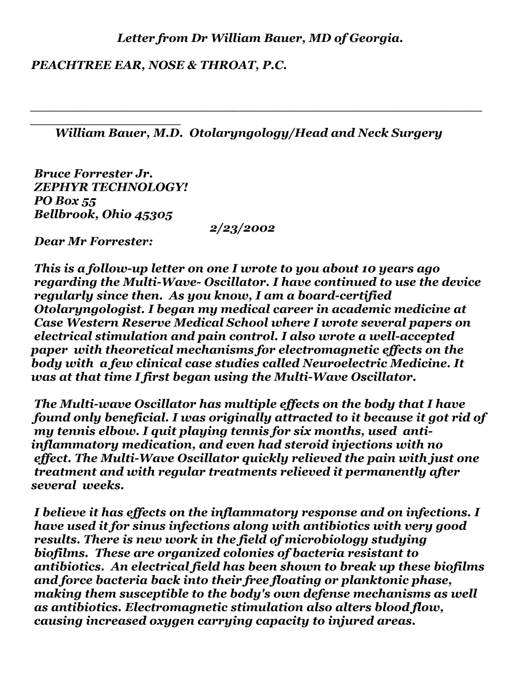 Letter from Dr William Bauer, MD of Georgia