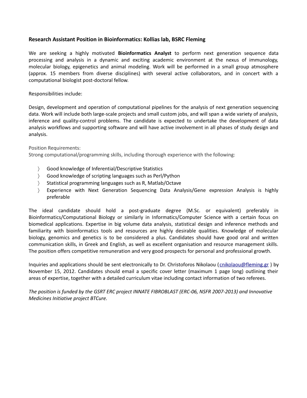 Research Assistant Position in Bioinformatics: Kollias Lab, BSRC Fleming