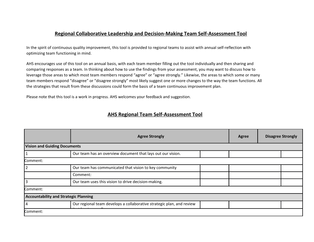 Regional Collaborative Leadership and Decision-Making Team Self-Assessment Tool