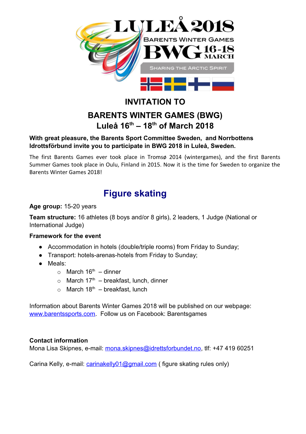 BARENTS WINTER GAMES (BWG) Luleå 16Th 18Th of March 2018