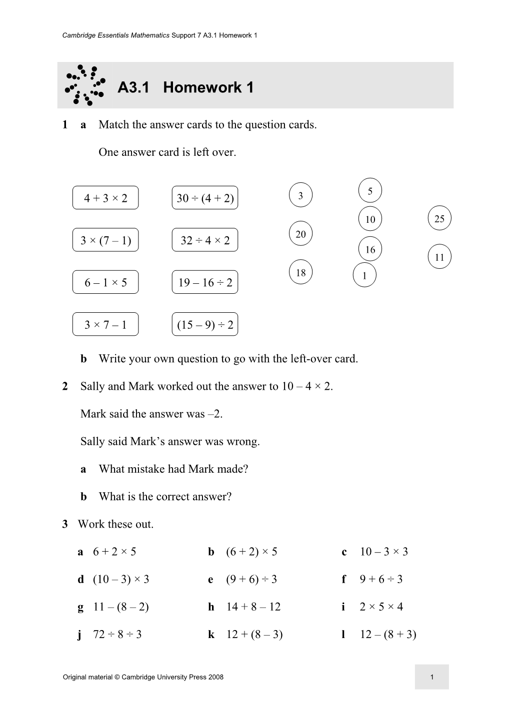 Cambridge Essentials Mathematics Support 7 A3.1 Homework 1