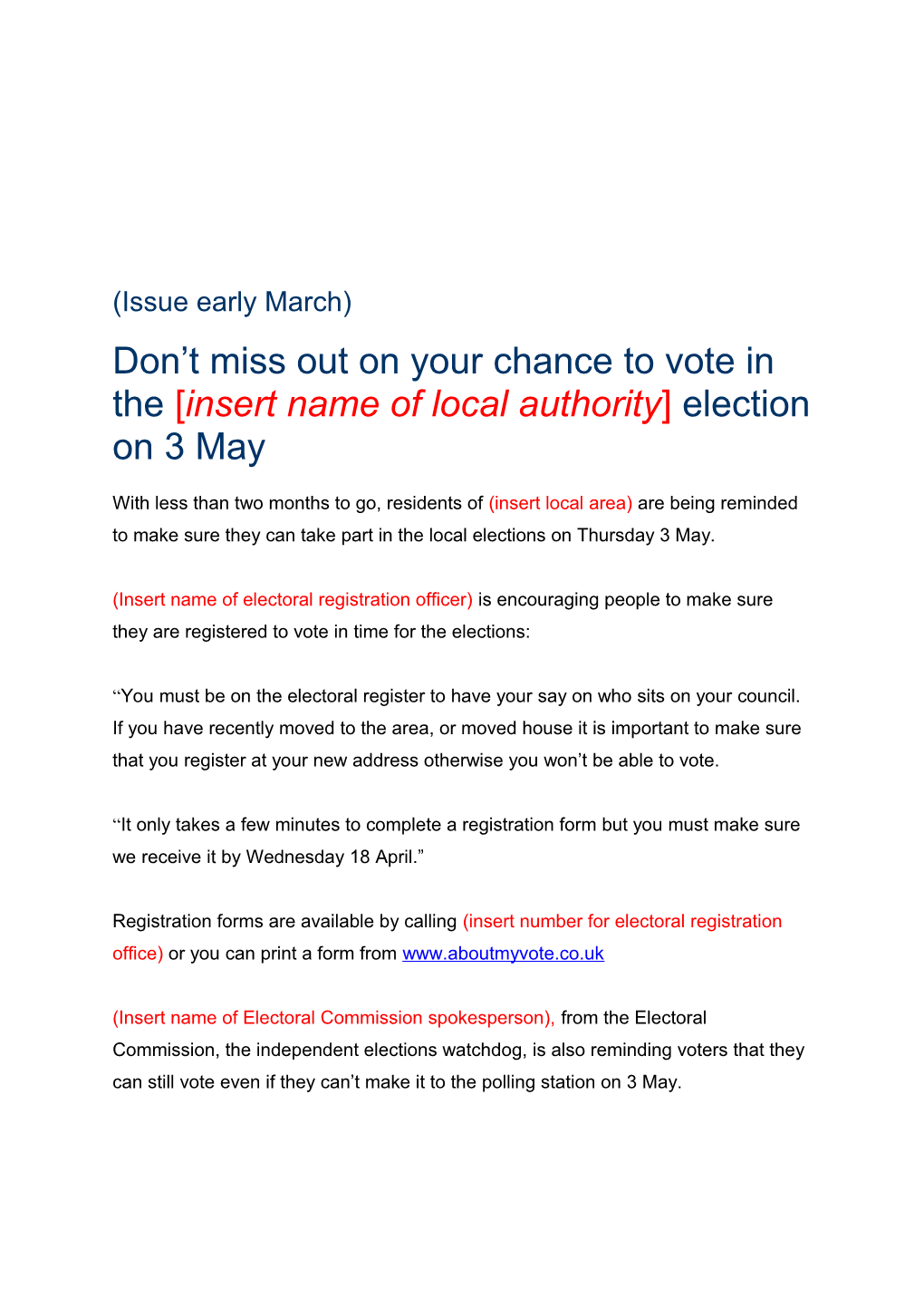 Don T Miss out on Your Chance to Vote in the Insert Name of Local Authority Election on 3 May