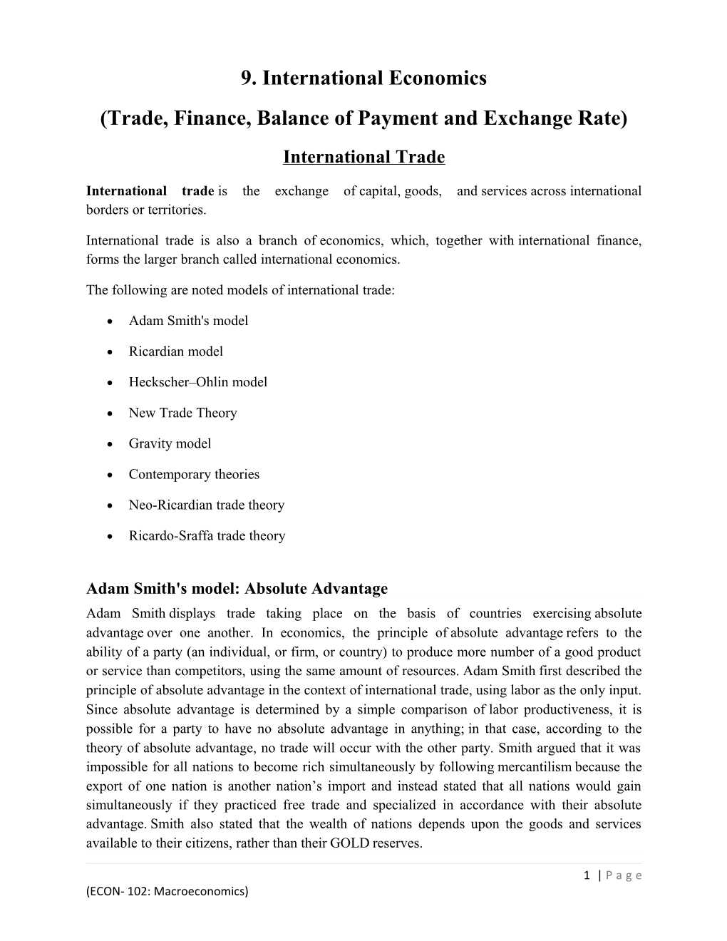 Trade, Finance, Balance of Payment and Exchange Rate