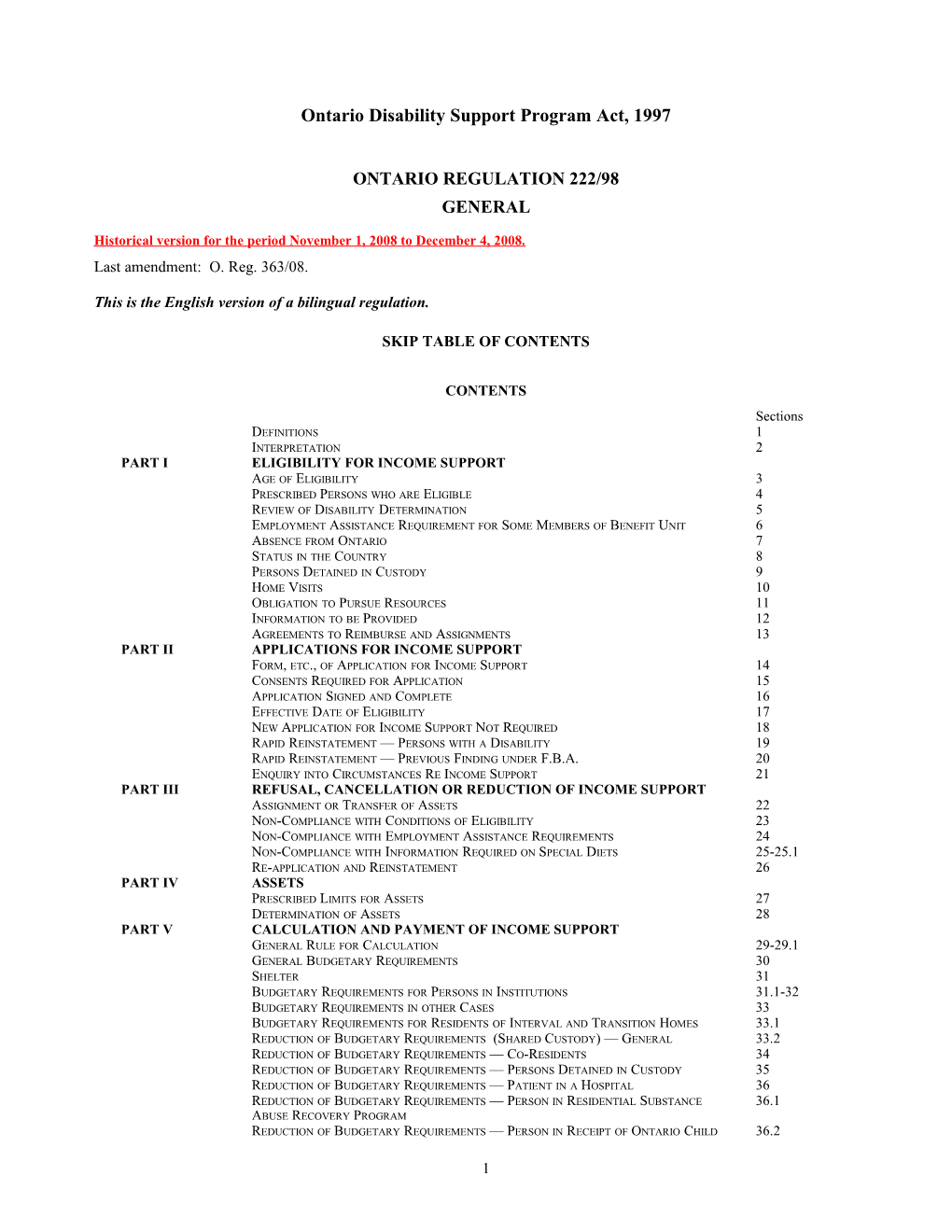 Ontario Disability Support Program Act, 1997 - O. Reg. 222/98