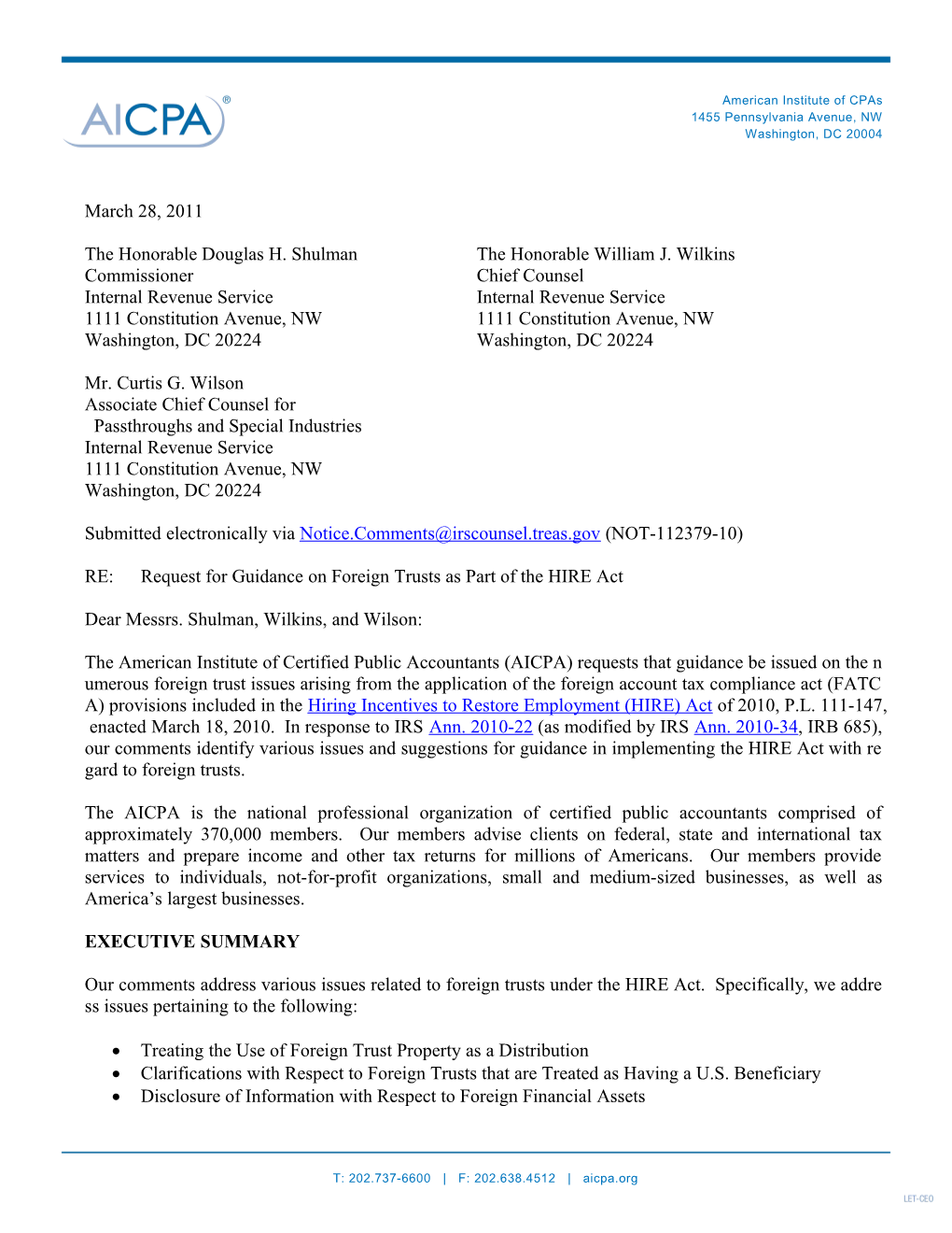 AICPA Comments on Foreign Trusts and the HIRE Act - March 28, 2011
