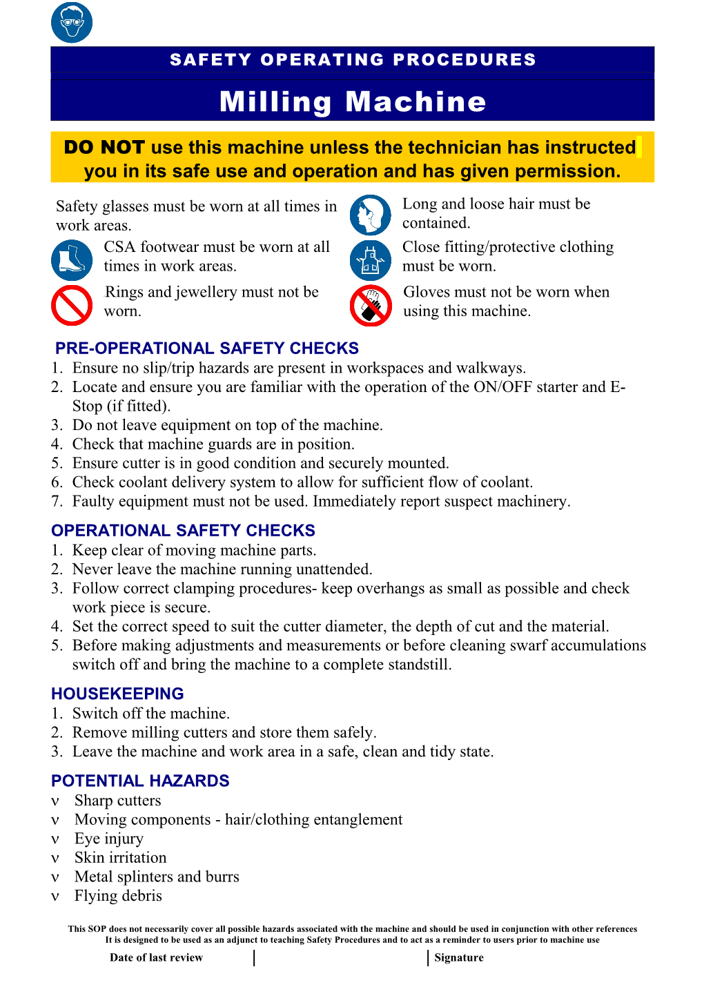 Safety Operating Procedures - Milling Machine