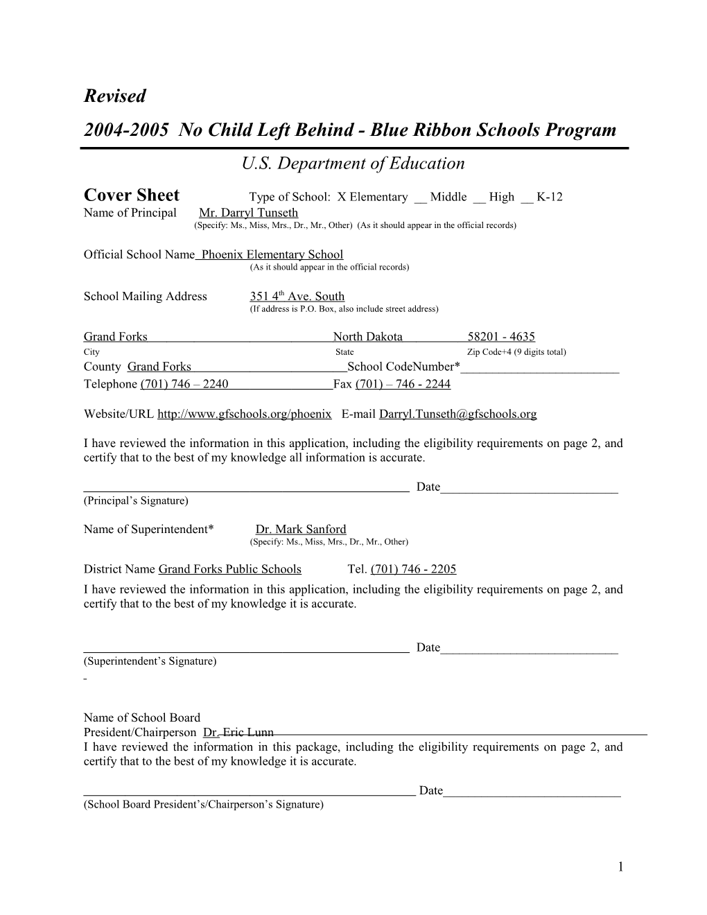 Phoenix Elementary School Application: 2004-2005, No Child Left Behind - Blue Ribbon Schools