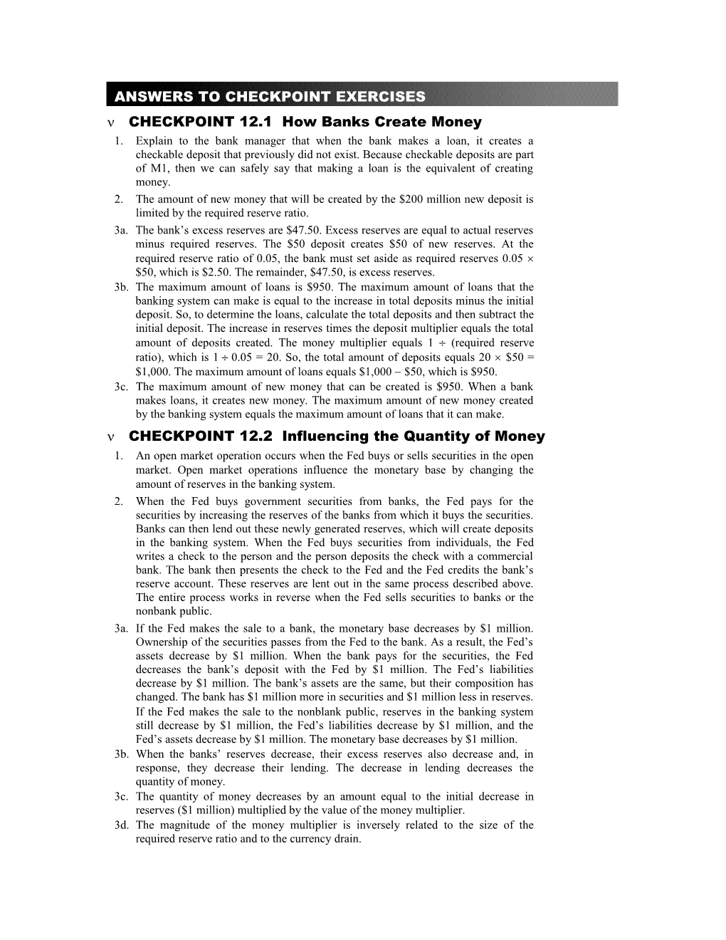 Answers To Checkpoint Exercises (12.1 How Banks Create Money)