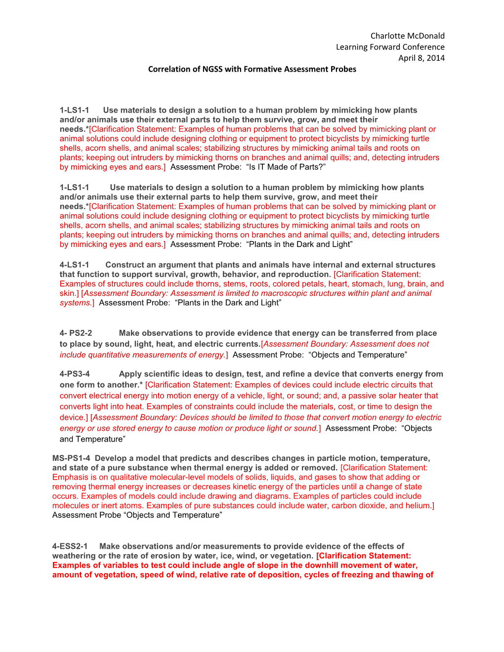 Correlation of NGSS with Formative Assessment Probes