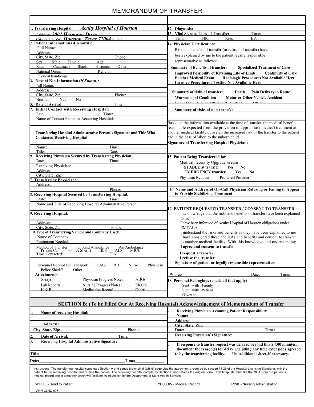 Memorandum of Transfer