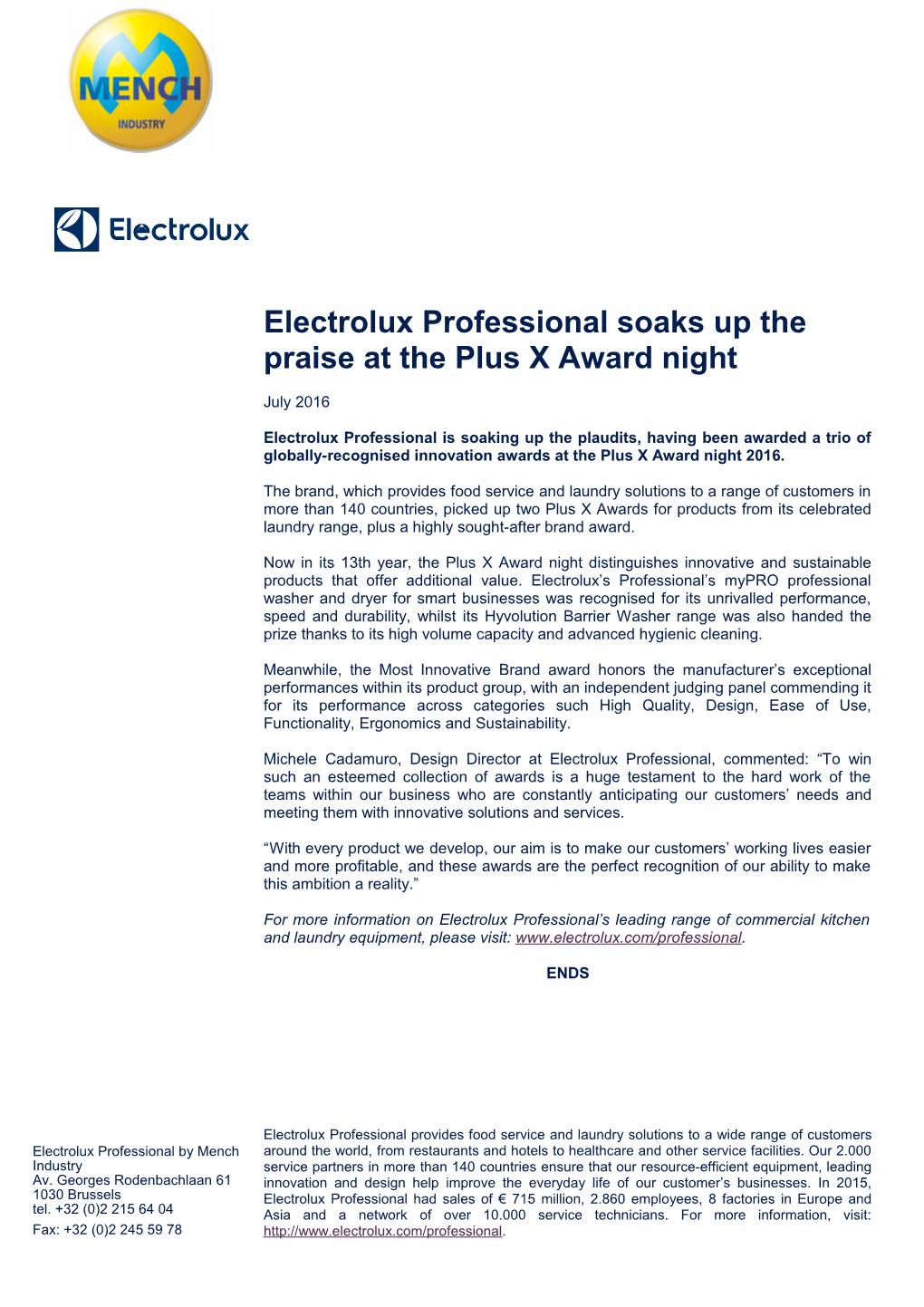 Electrolux Professional Soaks up the Praise at the Plus X Award Night