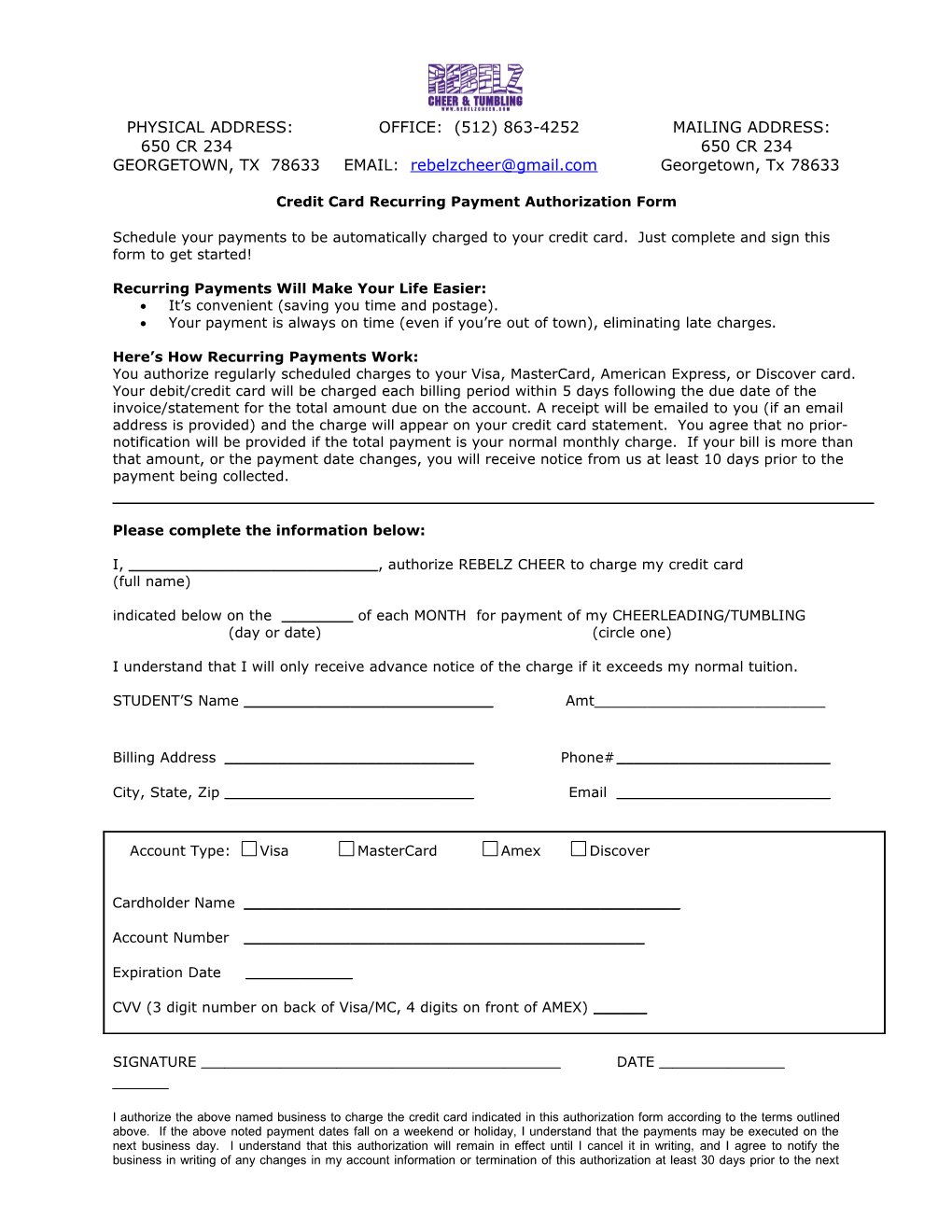 Credit Card Recurring Payment Authorization Form Variable Amount s1