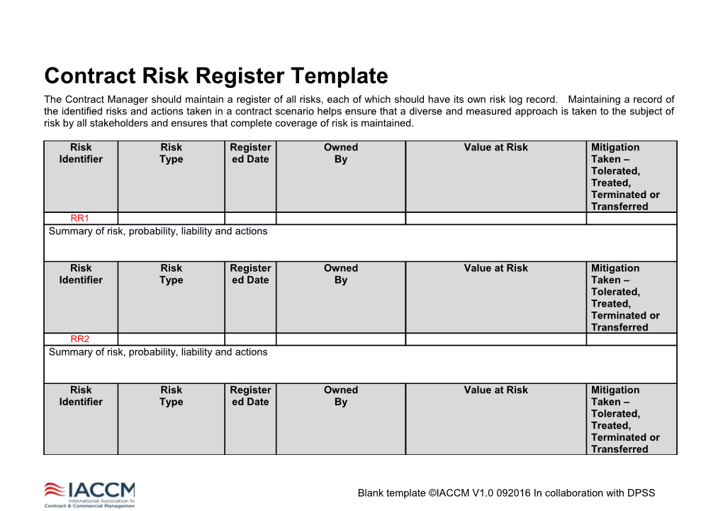 Contract Risk Register Template