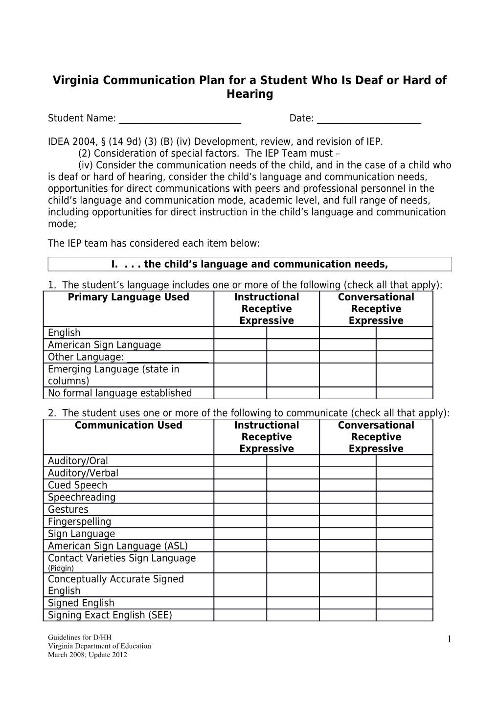 Virginia Communication Plan for a Student Who Is Deaf Or Hard of Hearing