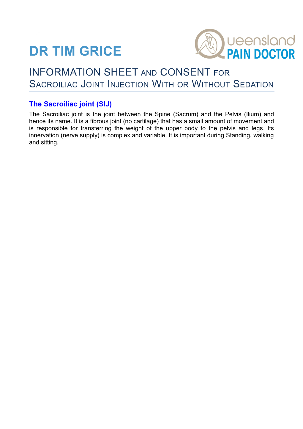 INFORMATION SHEET and CONSENT for Sacroiliac Joint Injection with Or Without Sedation