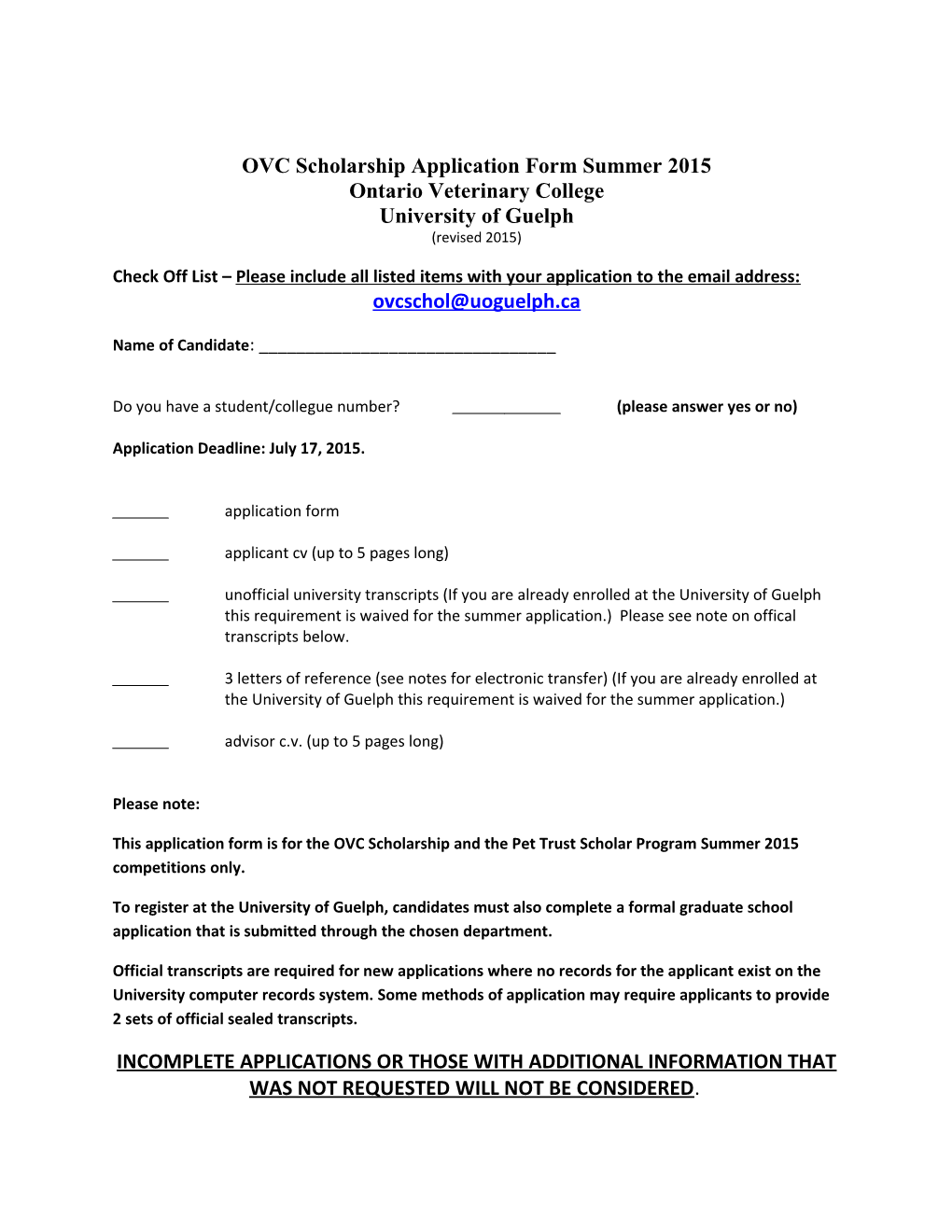 OVC Scholarship Application Formsummer 2015