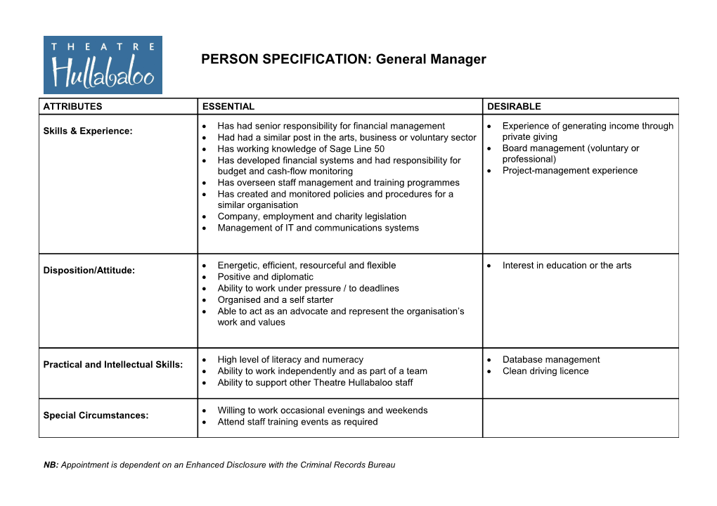 PERSON SPECIFICATION: General Manager