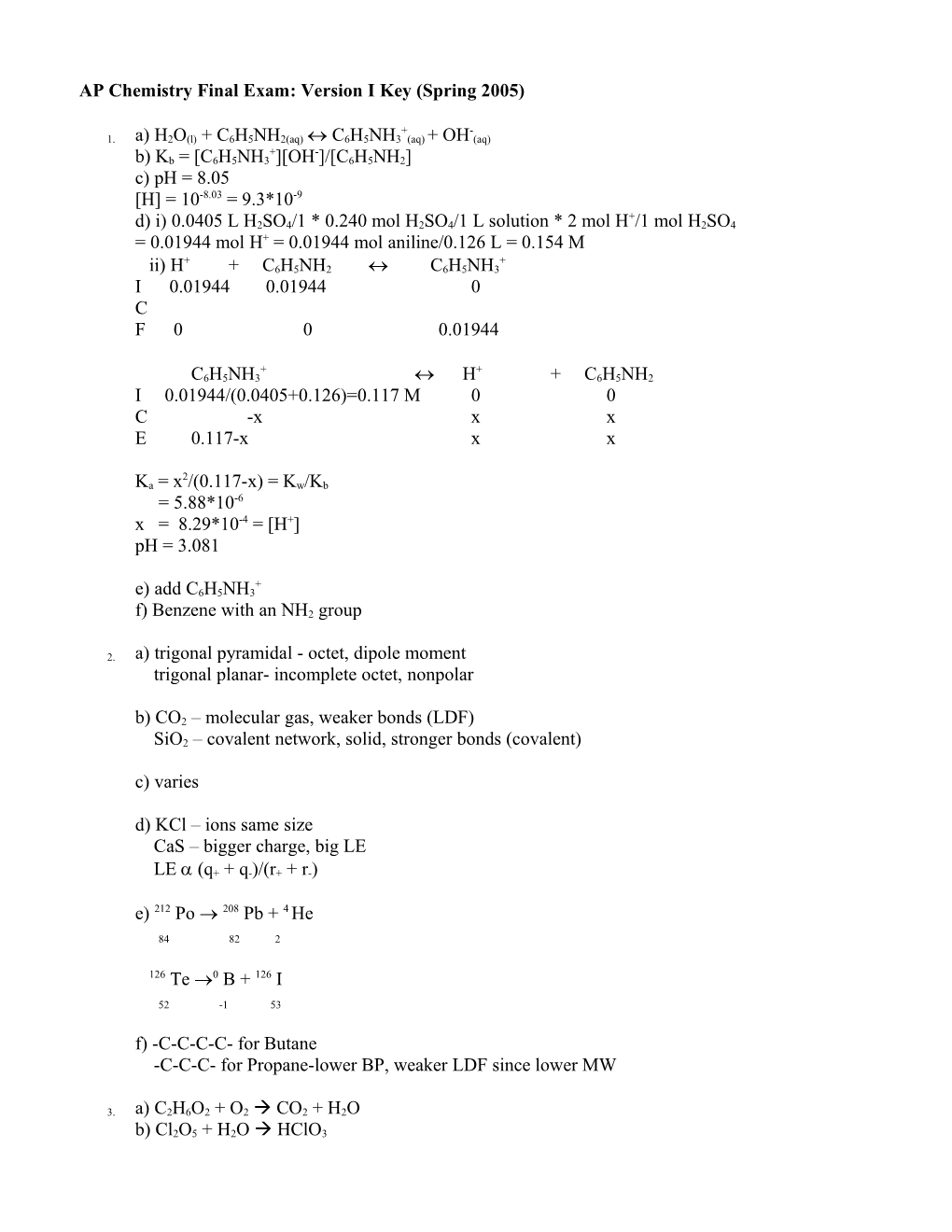 AP Chemistry Final Exam: Version I, Spring 2005