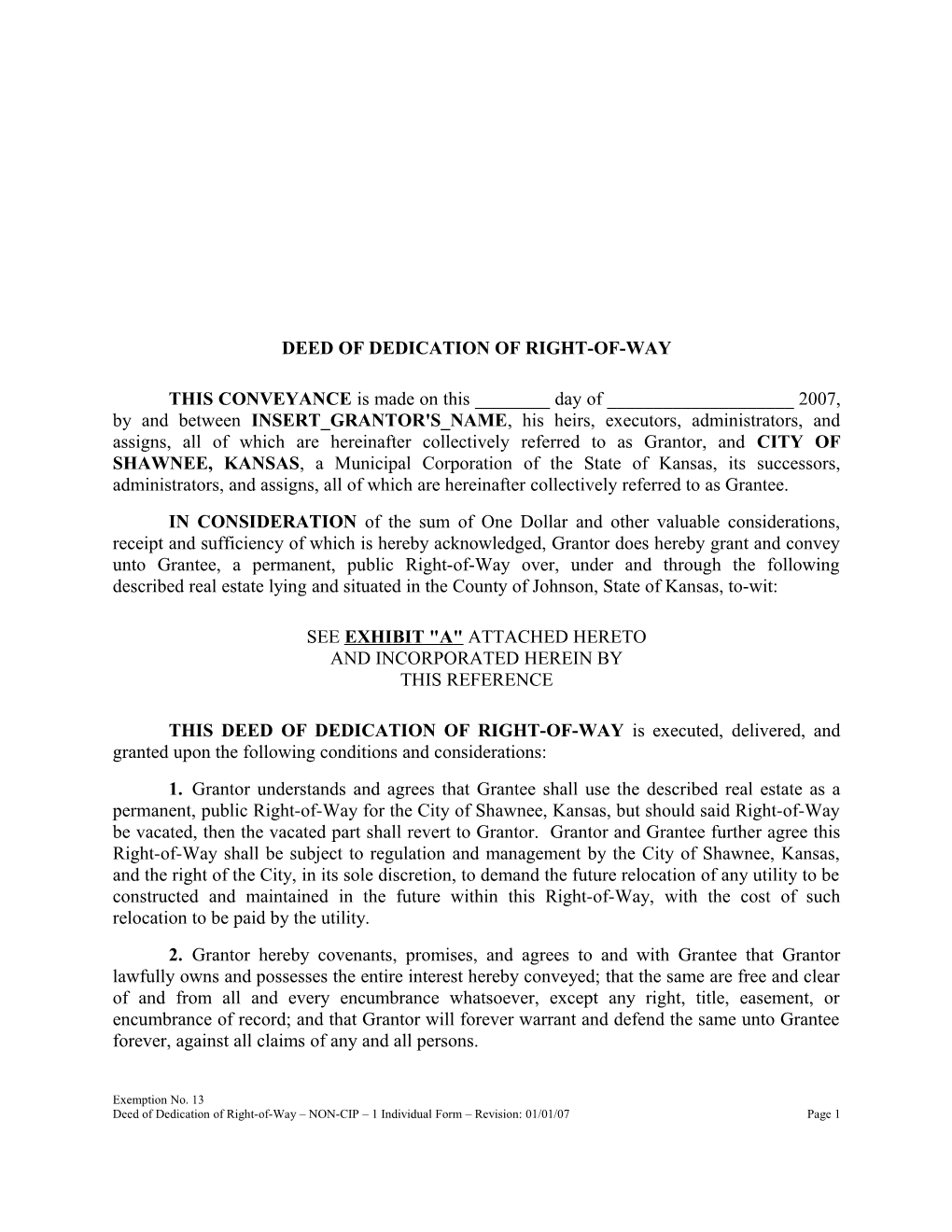 Deed of Dedication of Right-Of-Way - NON-CIP - 1 Individual Form