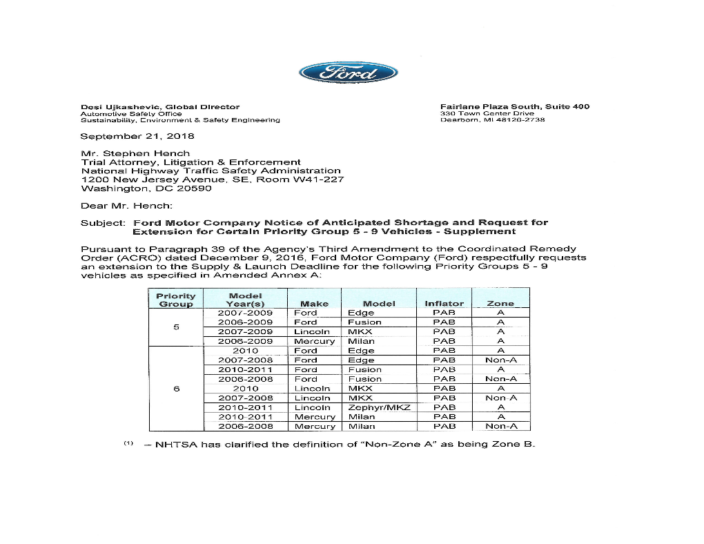 Ford Motor Company Notice of Anticipated Shortage and Request