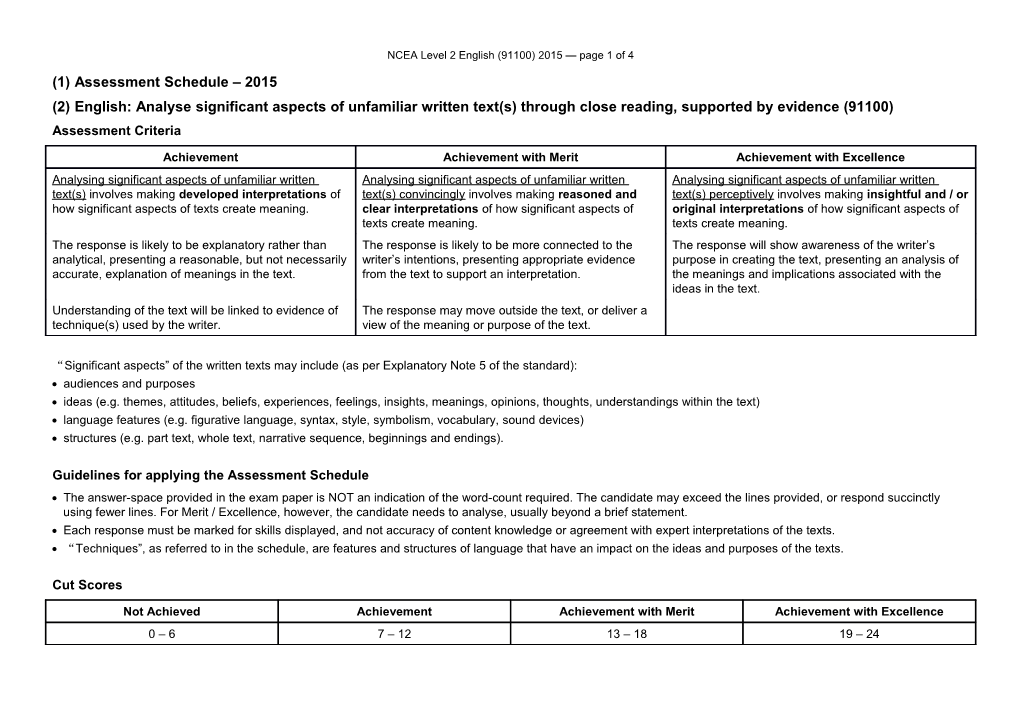 NCEA Level 2 English (91100) 2015 Assessment Schedule