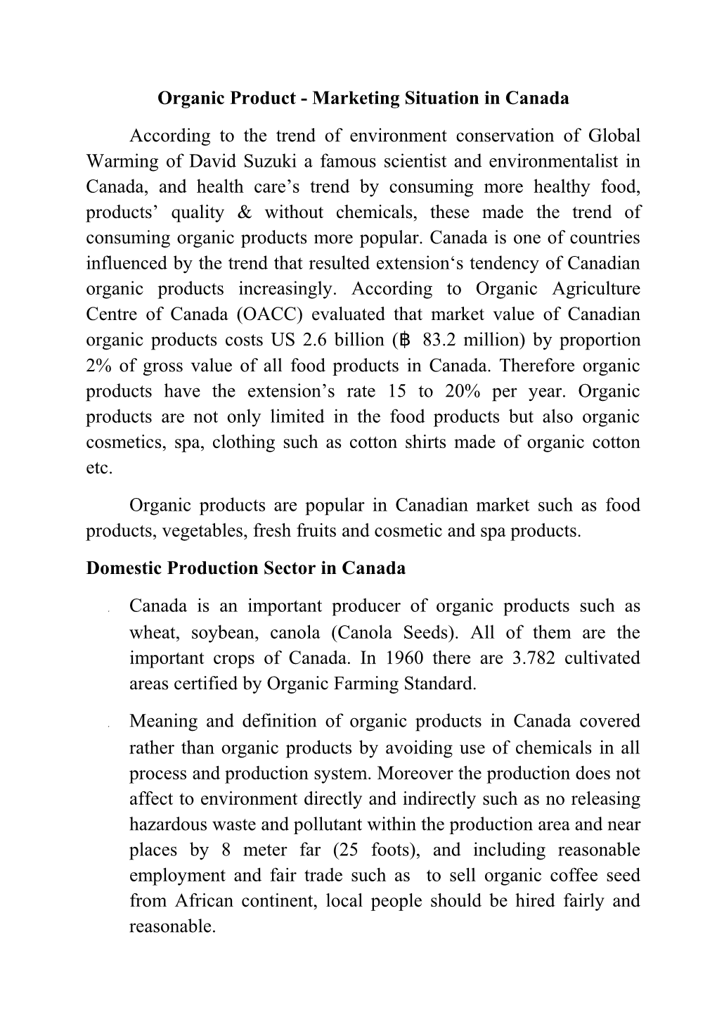 Organic Product - Marketing Situation in Canada