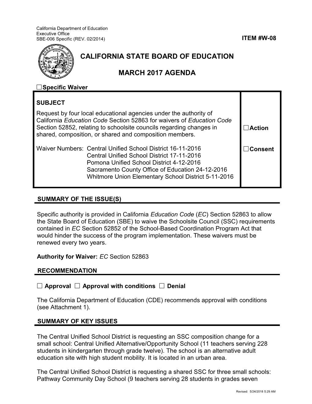 March 2017 Waiver Item W-08 - Meeting Agendas (CA State Board of Education)