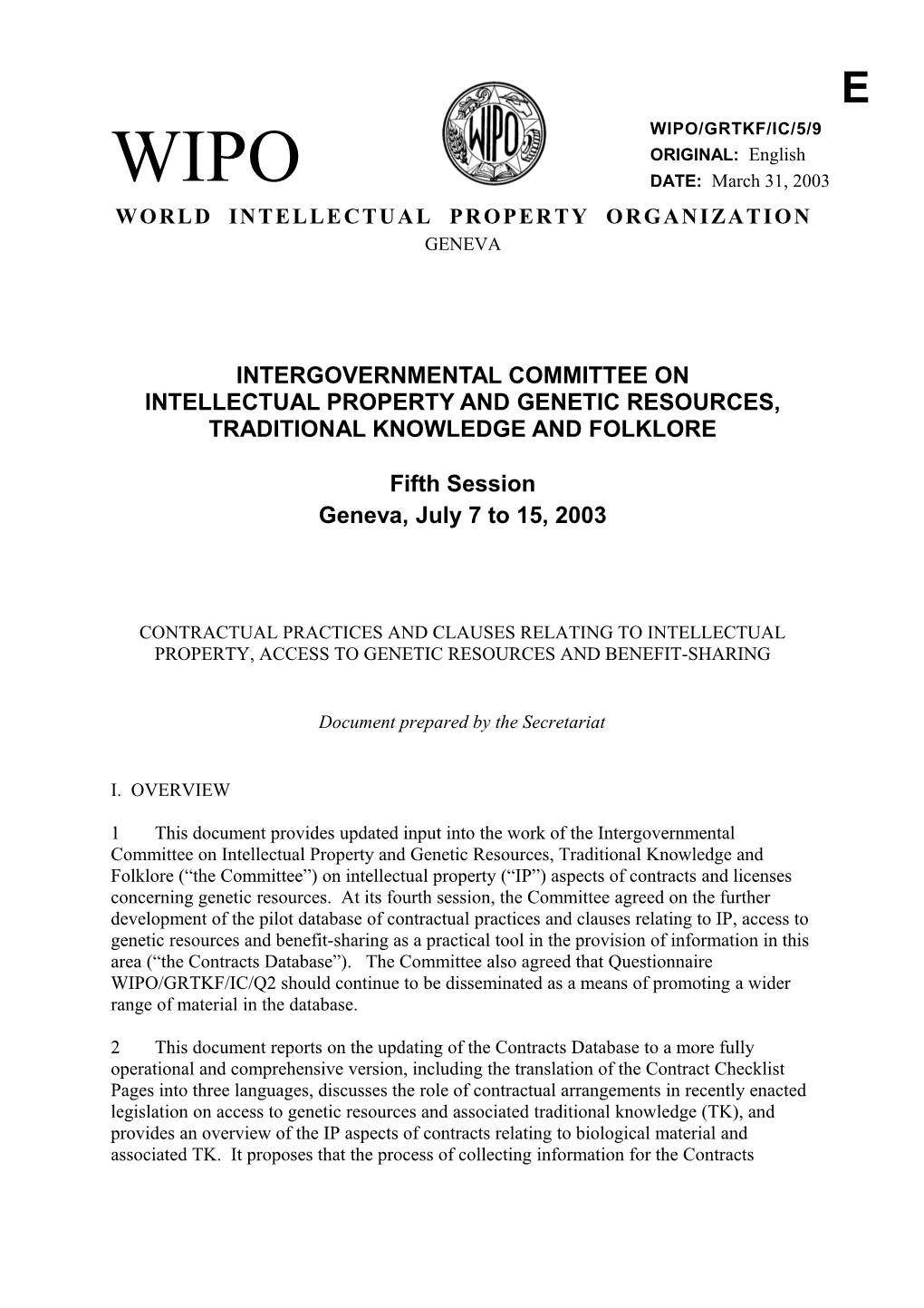 WIPO/GRTKF/IC/5/9: Contractual Practices and Clauses Relating to Intellectual Property