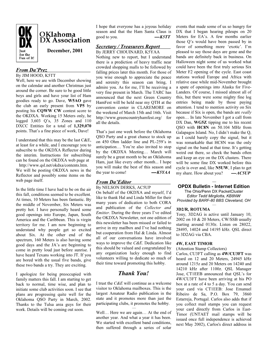 OKDXA Newsletter for December, 2001