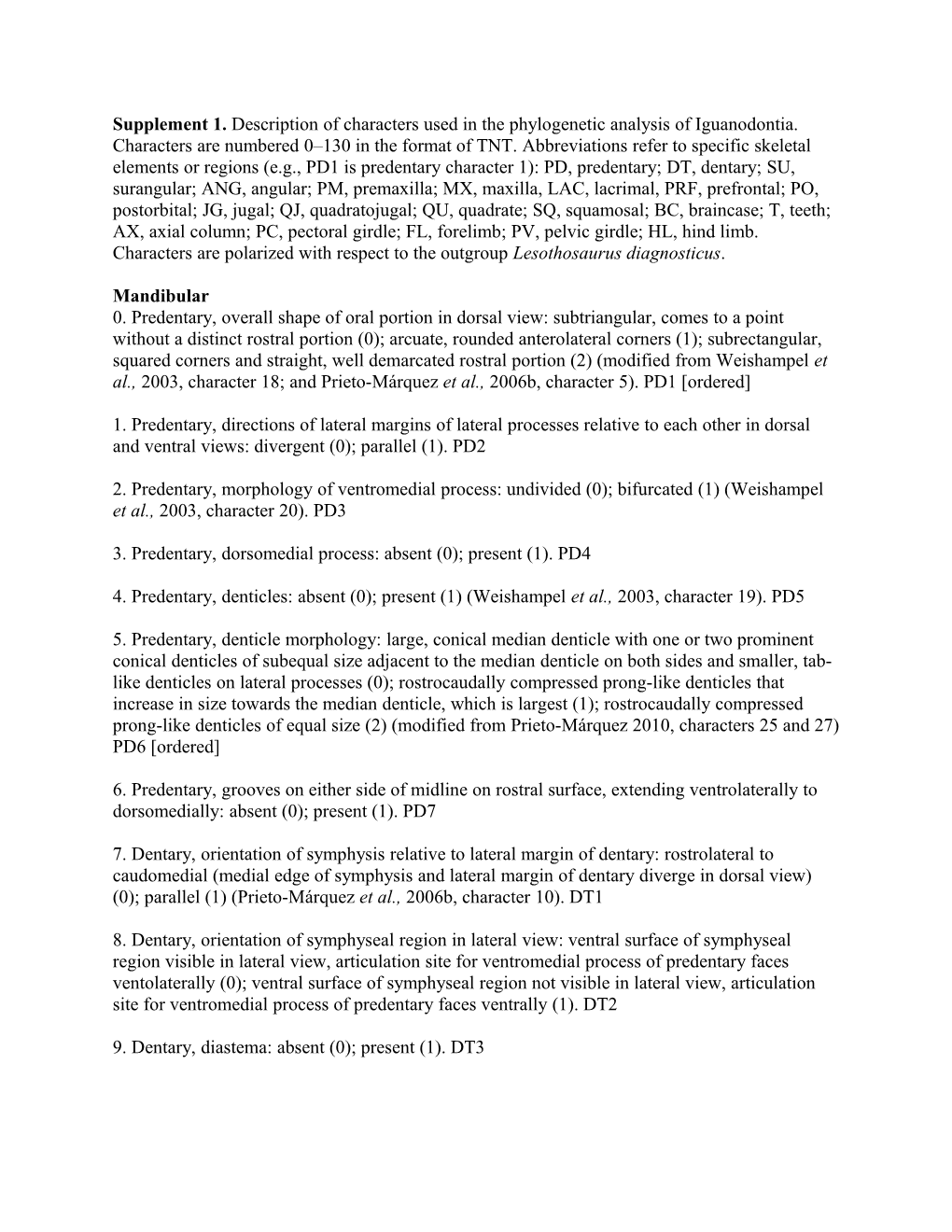 Supplement 1. Description of Characters Used in the Phylogenetic Analysis of Iguanodontia