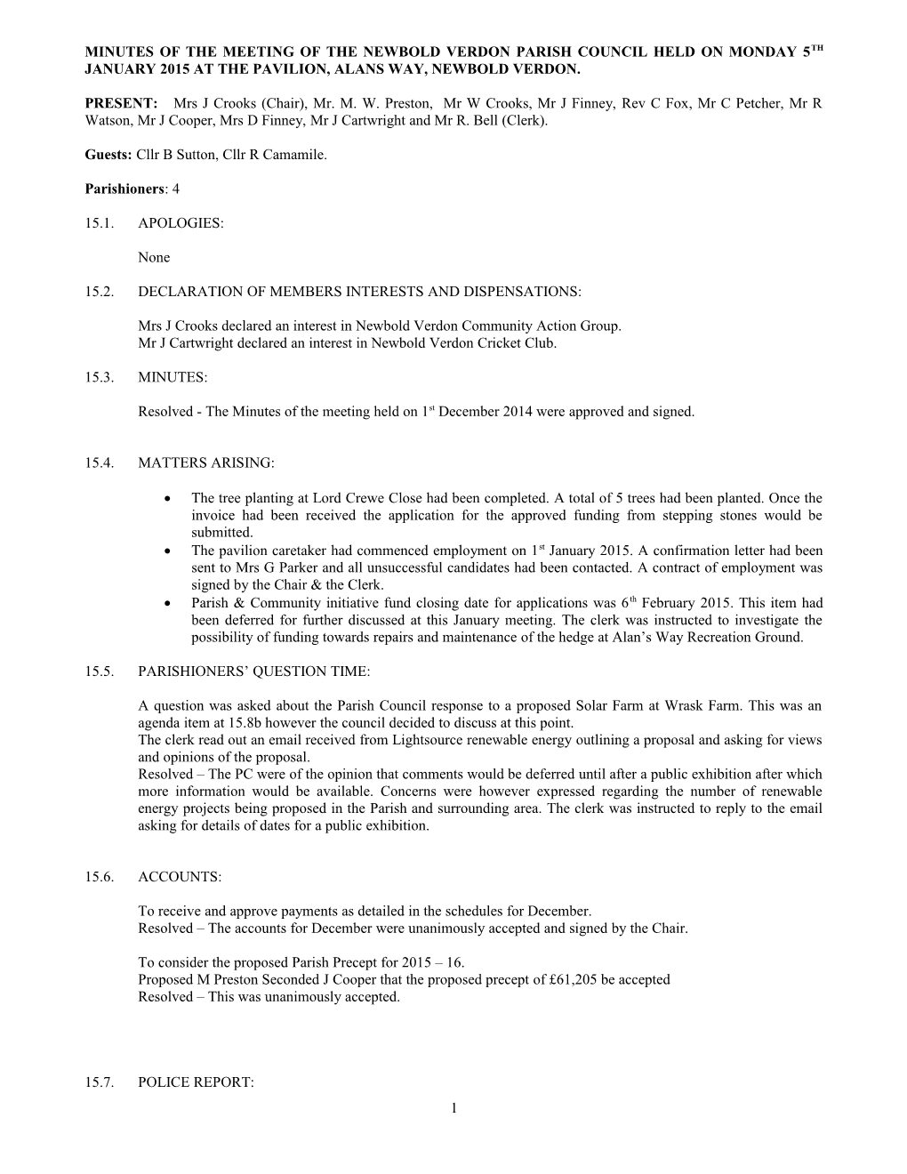 Minutes of the Meeting of the Newbold Verdon Parish Council Held on Monday 7 June 1999