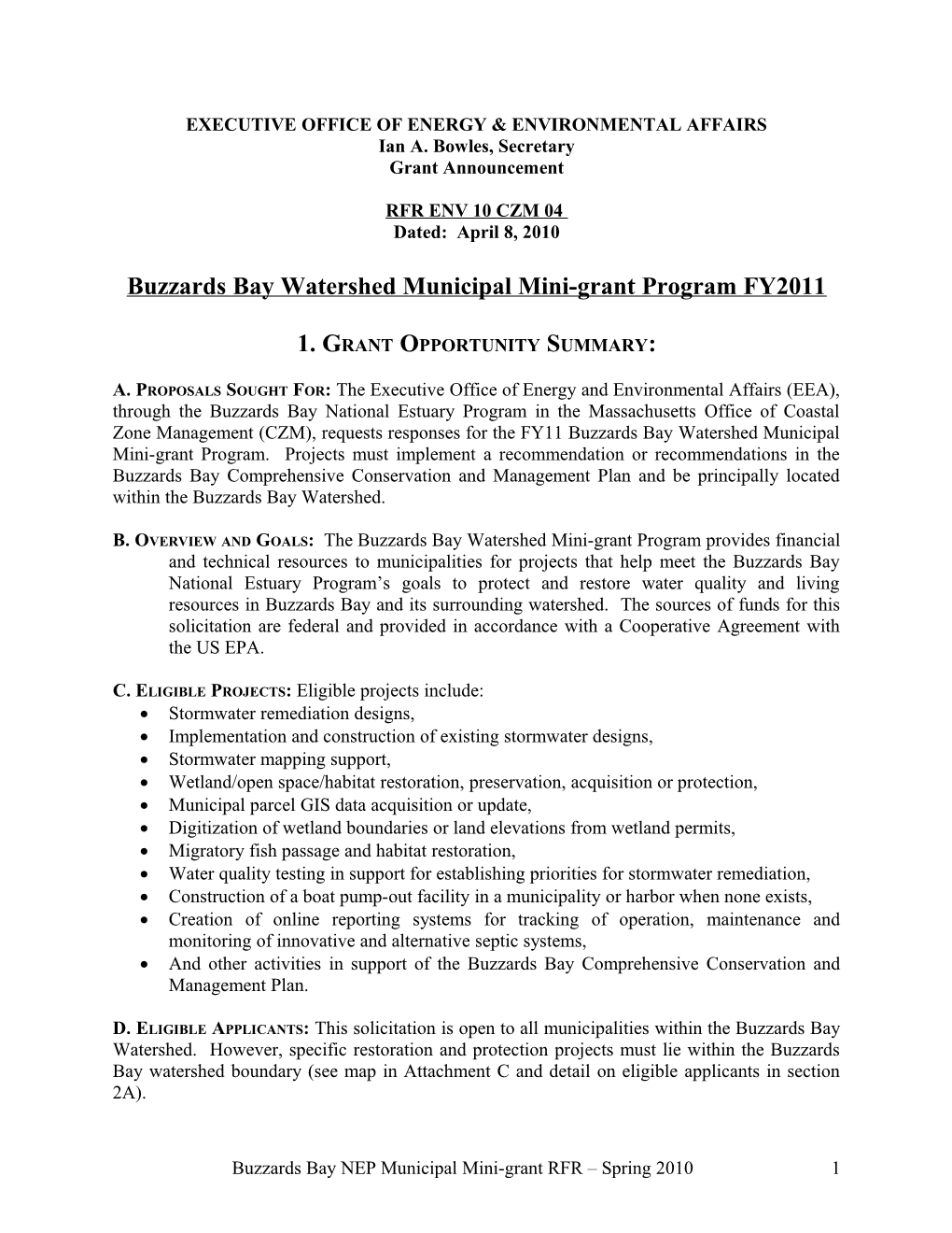 REQUEST for RESPONSES Buzzards Bay Municipal Grant FY09