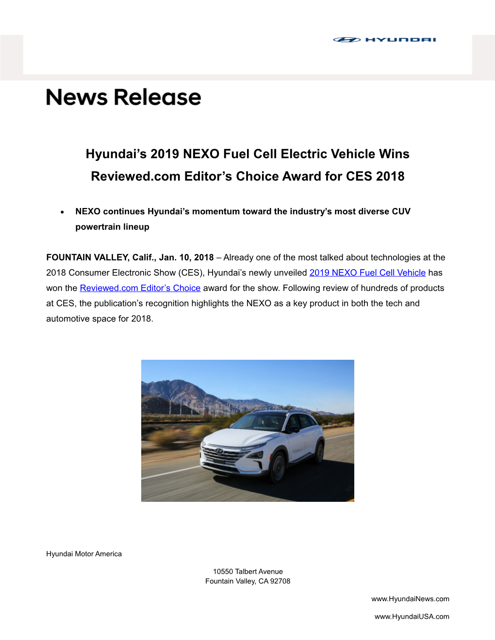 Hyundai S 2019 NEXO Fuel Cell Electric Vehicle Wins Reviewed.Com Editor S Choice Award