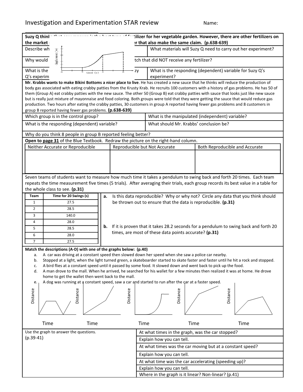 Investigation and Experimentation STAR Review Name: ______