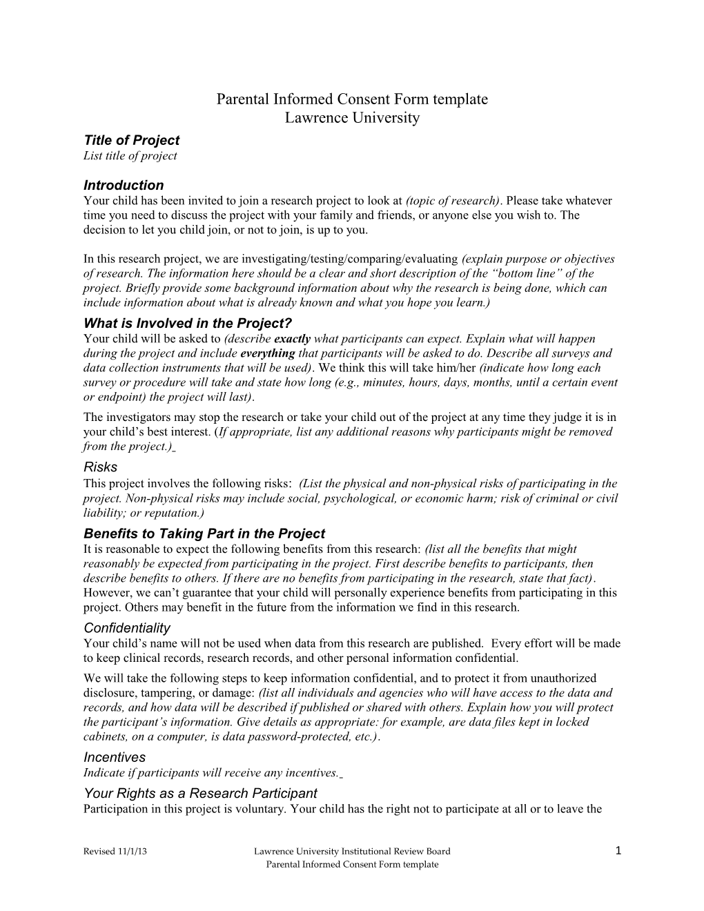 Parental Informed Consent Form Template Lawrence University