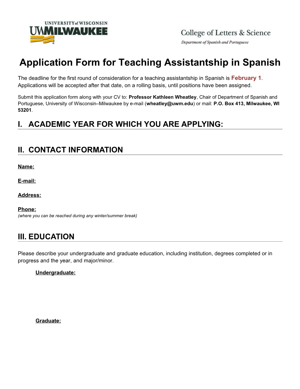 Application Form for Teaching Assistantship in Spanish