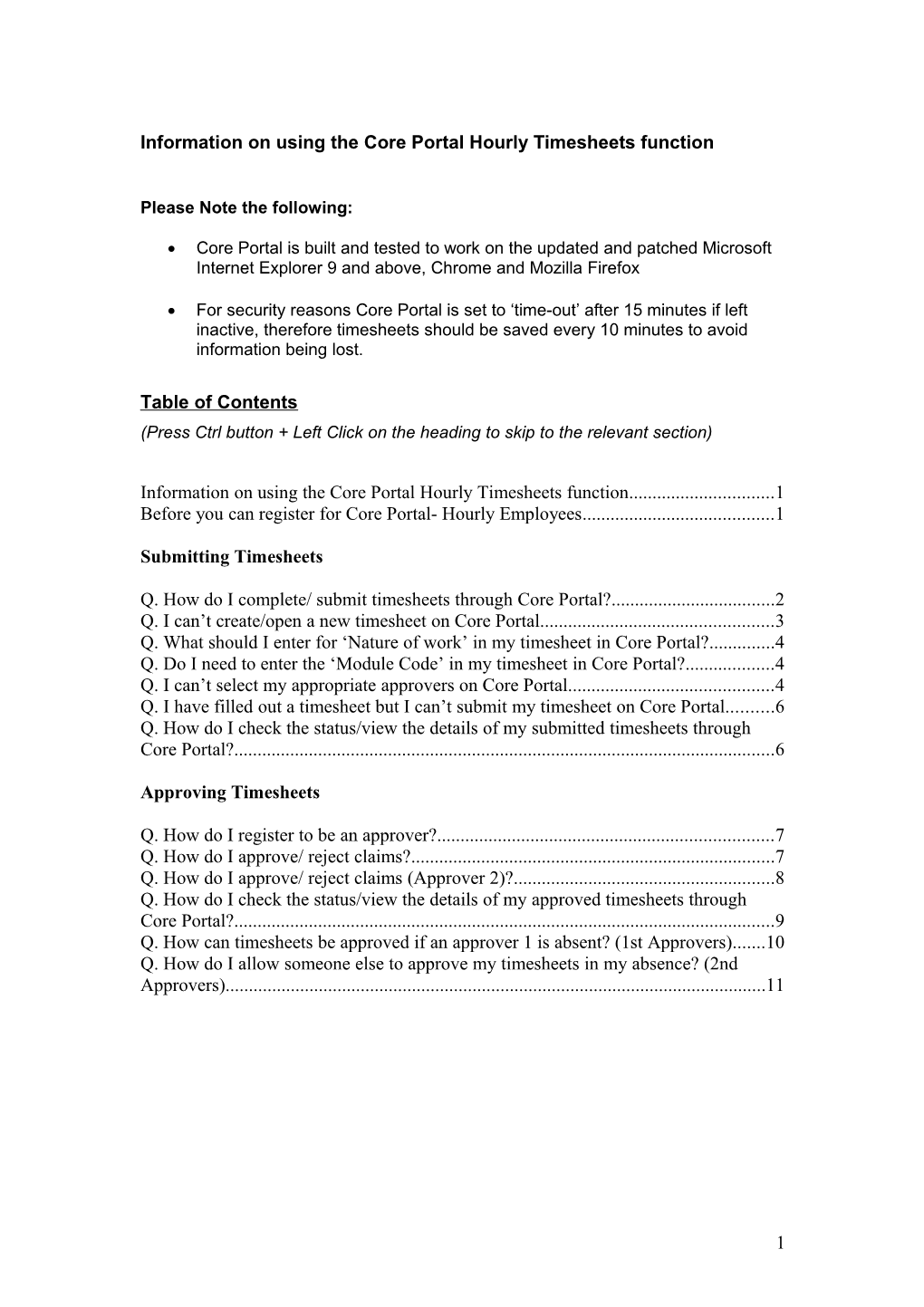 Information on Using the Core Portal Hourly Timesheets Function