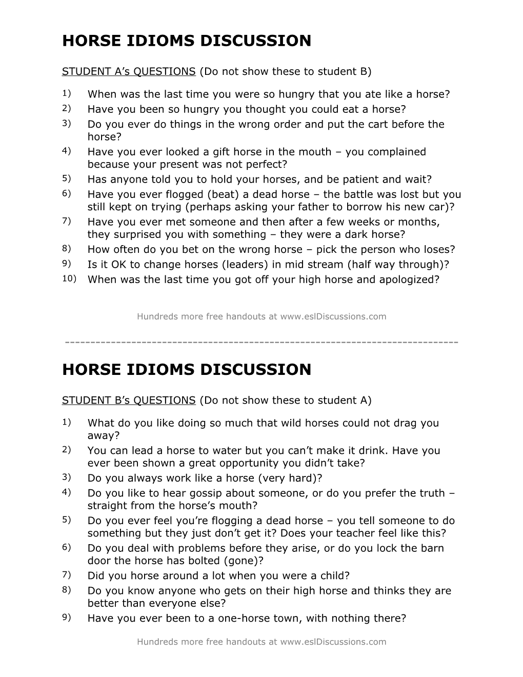 ESL Conversation Lesson on Horse Idioms
