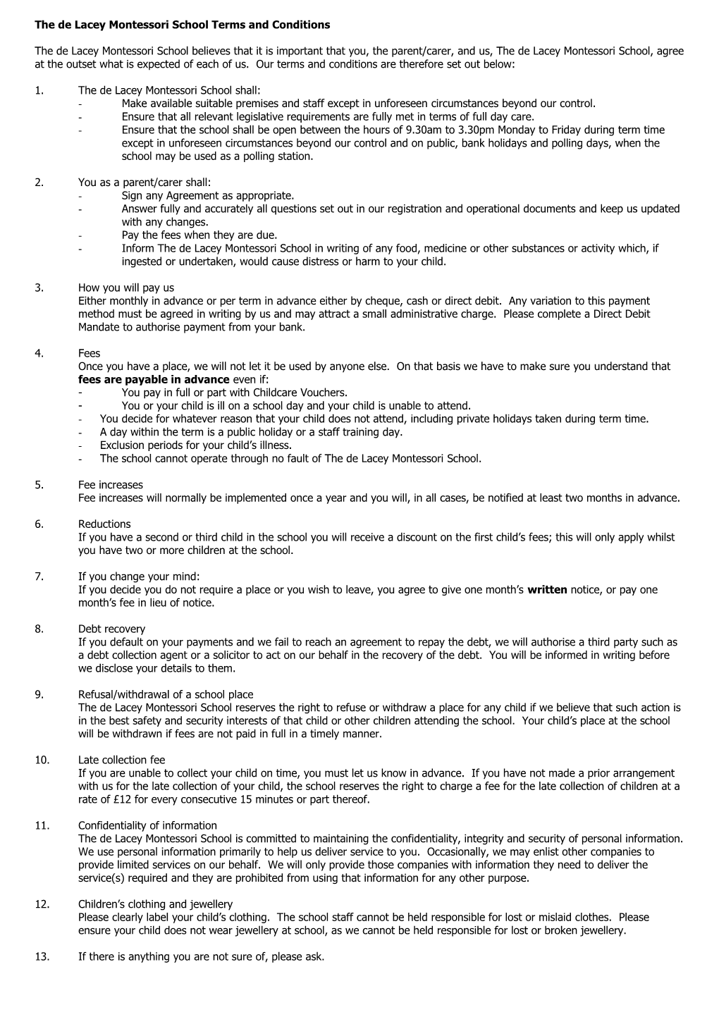 The De Lacey Montessori School Terms and Conditions