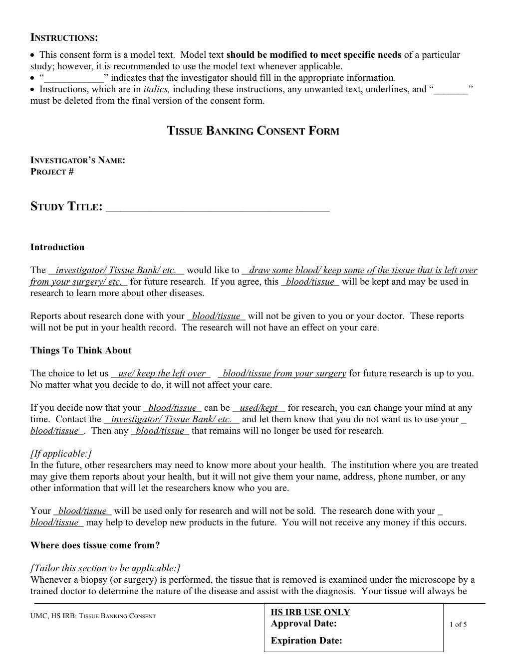 Tissue Banking Consent Form