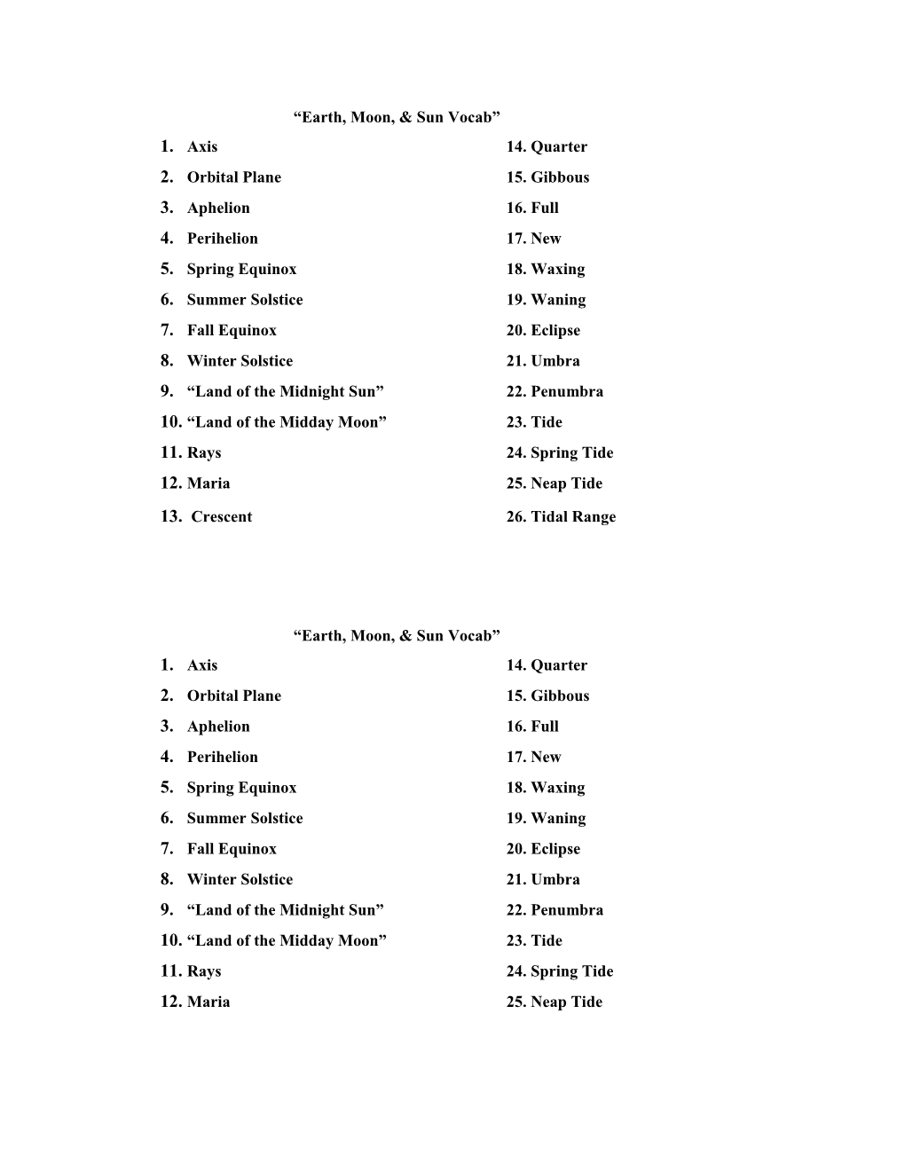 Earth, Moon, & Sun Study Guide