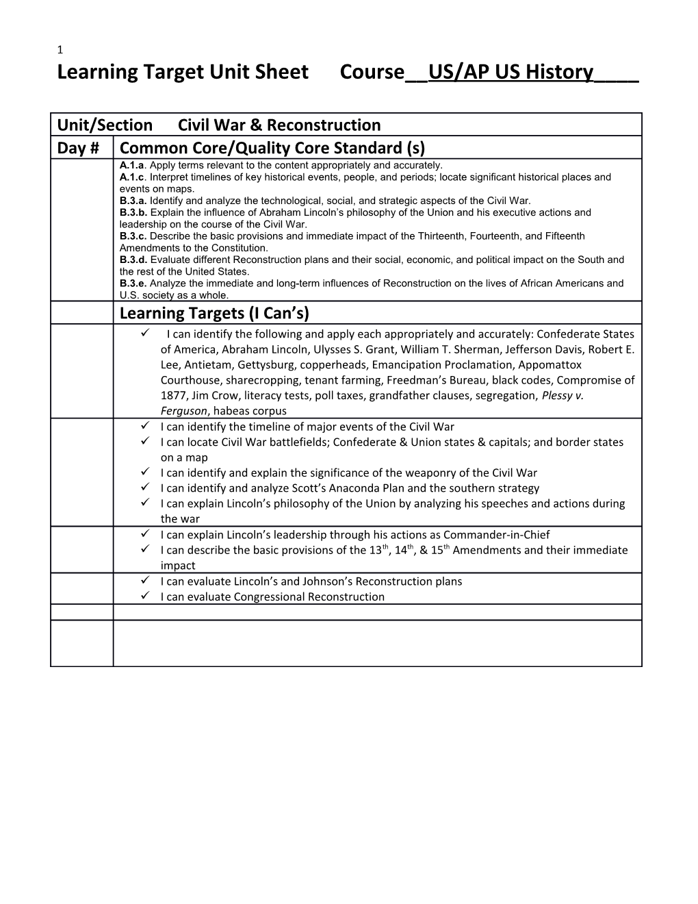 Learning Target Unit Sheet Course__US/AP US History____ s1