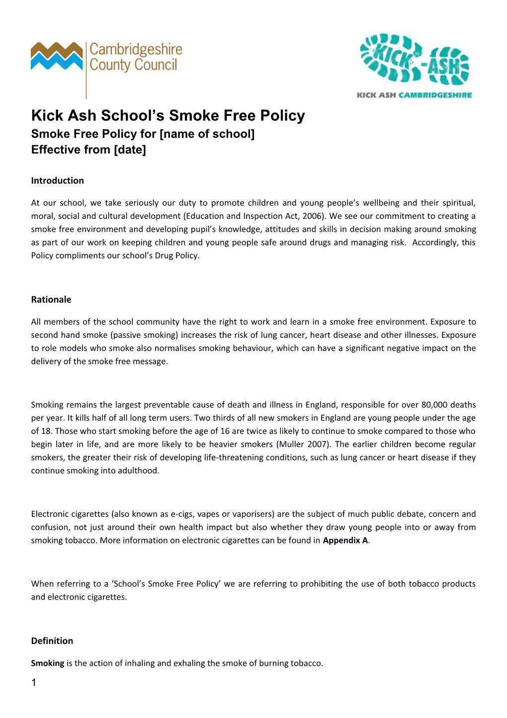 Kick Ash Smoke Free Schools Policy