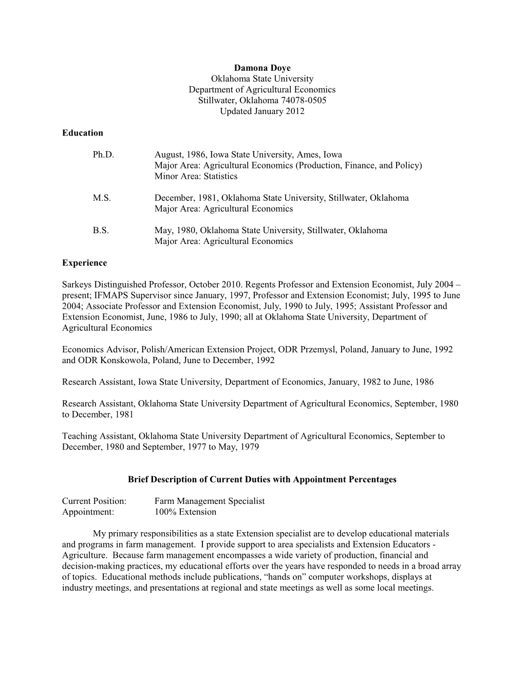 Resume for Personnel Committee