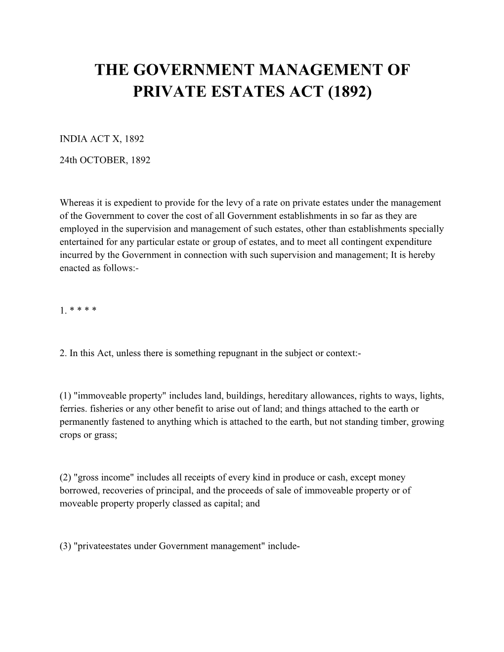 The Government Management of Private Estates Act (1892)