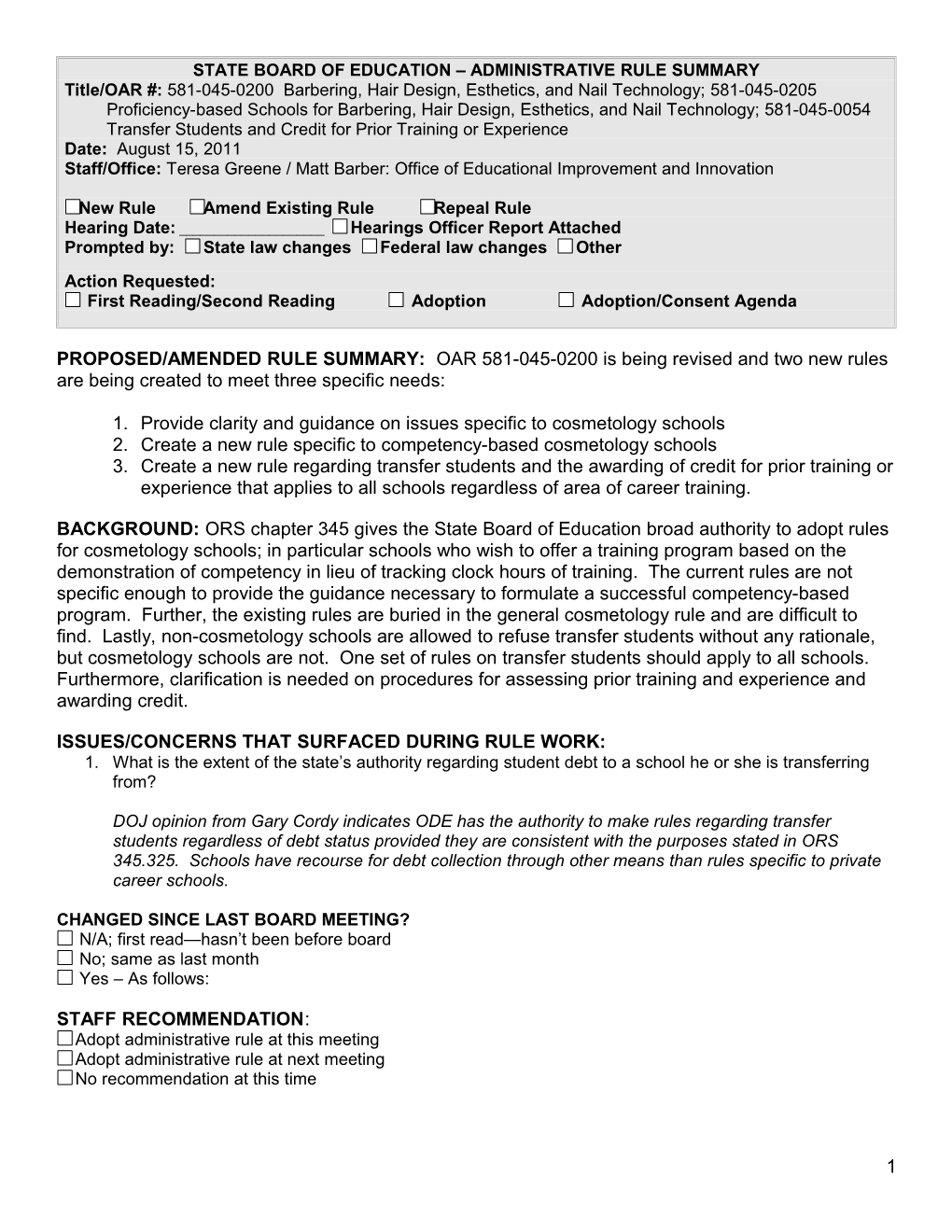 State Board of Education Administrative Rule Summary s12